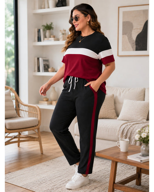 Women's Plus Size Color Block Top And Pants Two Piece Set