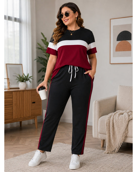 Women's Plus Size Color Block Top And Pants Two Piece Set