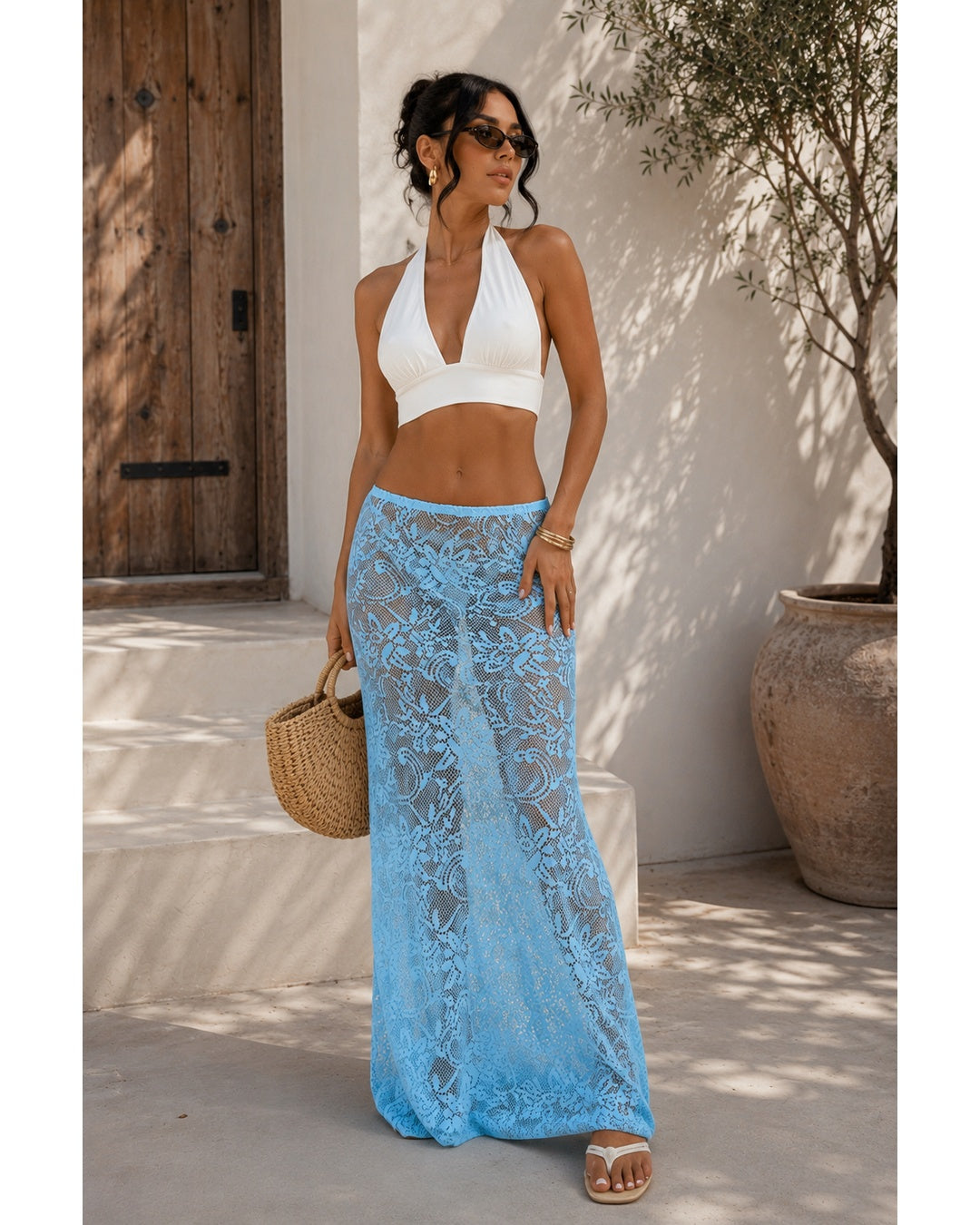 Women's Sky Blue Lace Maxi Skirt