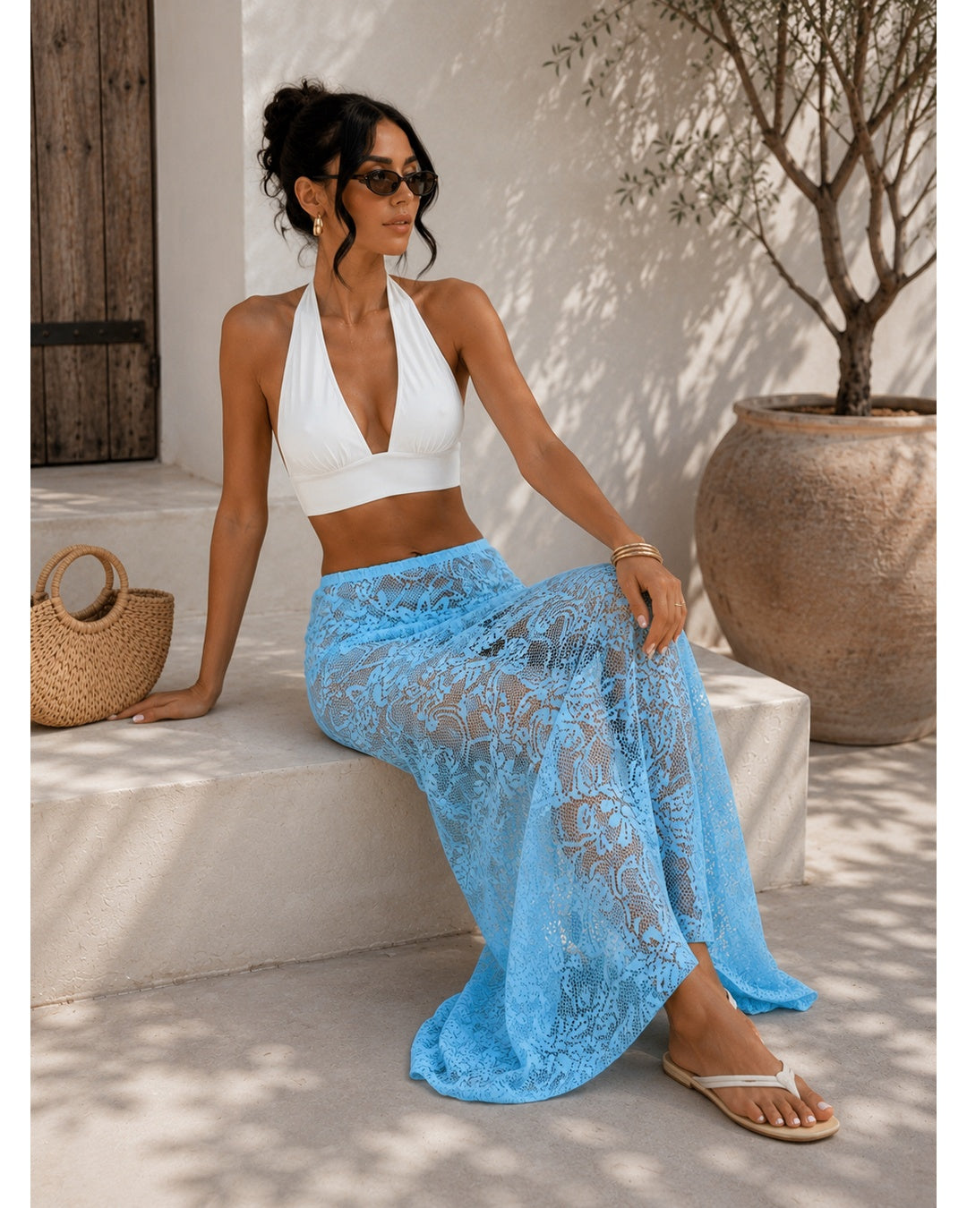 Women's Sky Blue Lace Maxi Skirt