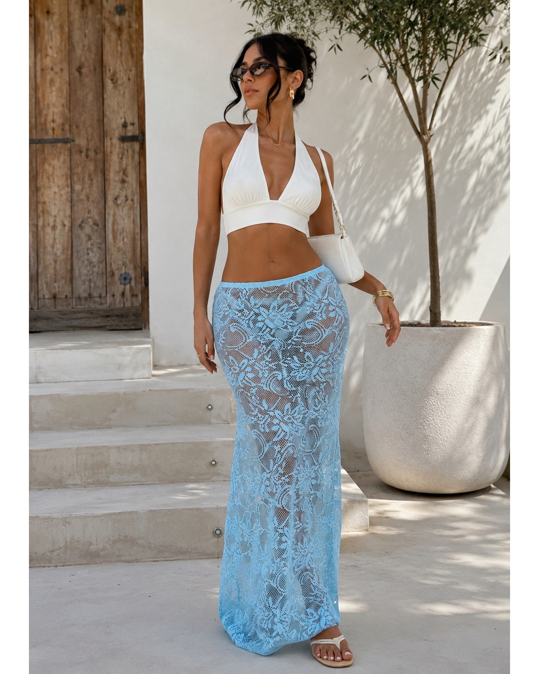 Women's Sky Blue Lace Maxi Skirt