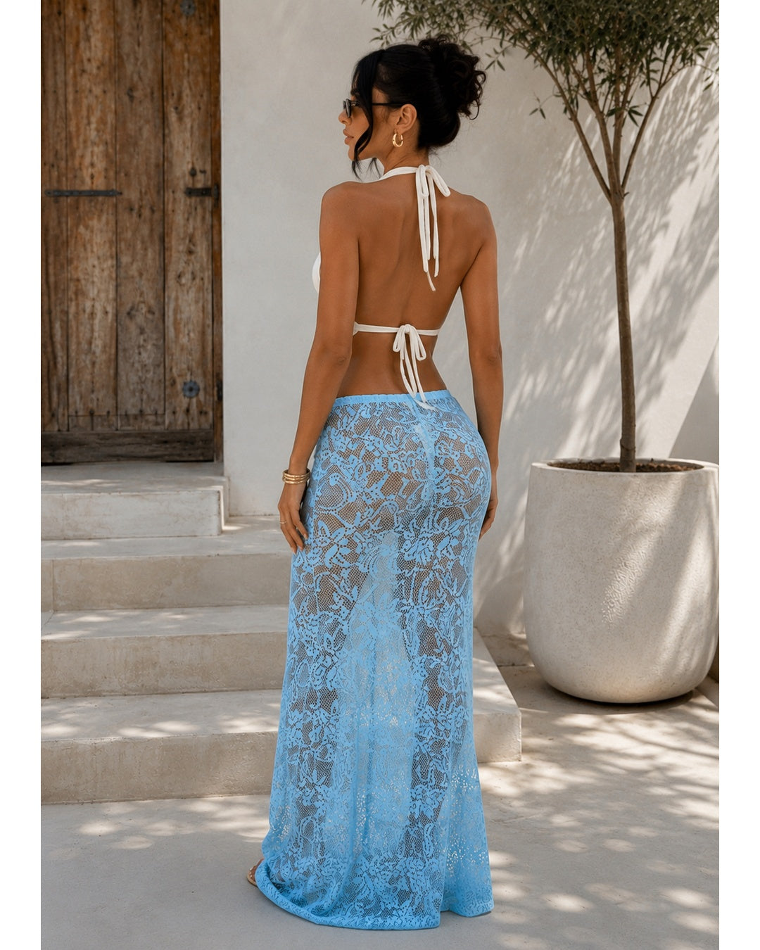 Women's Sky Blue Lace Maxi Skirt