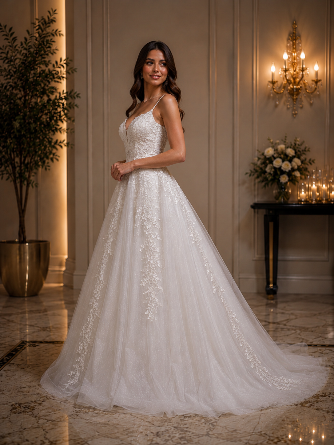 White Lace Tulle Bridal Gown - فستان زفاف أبيض من الدانتيل والتول