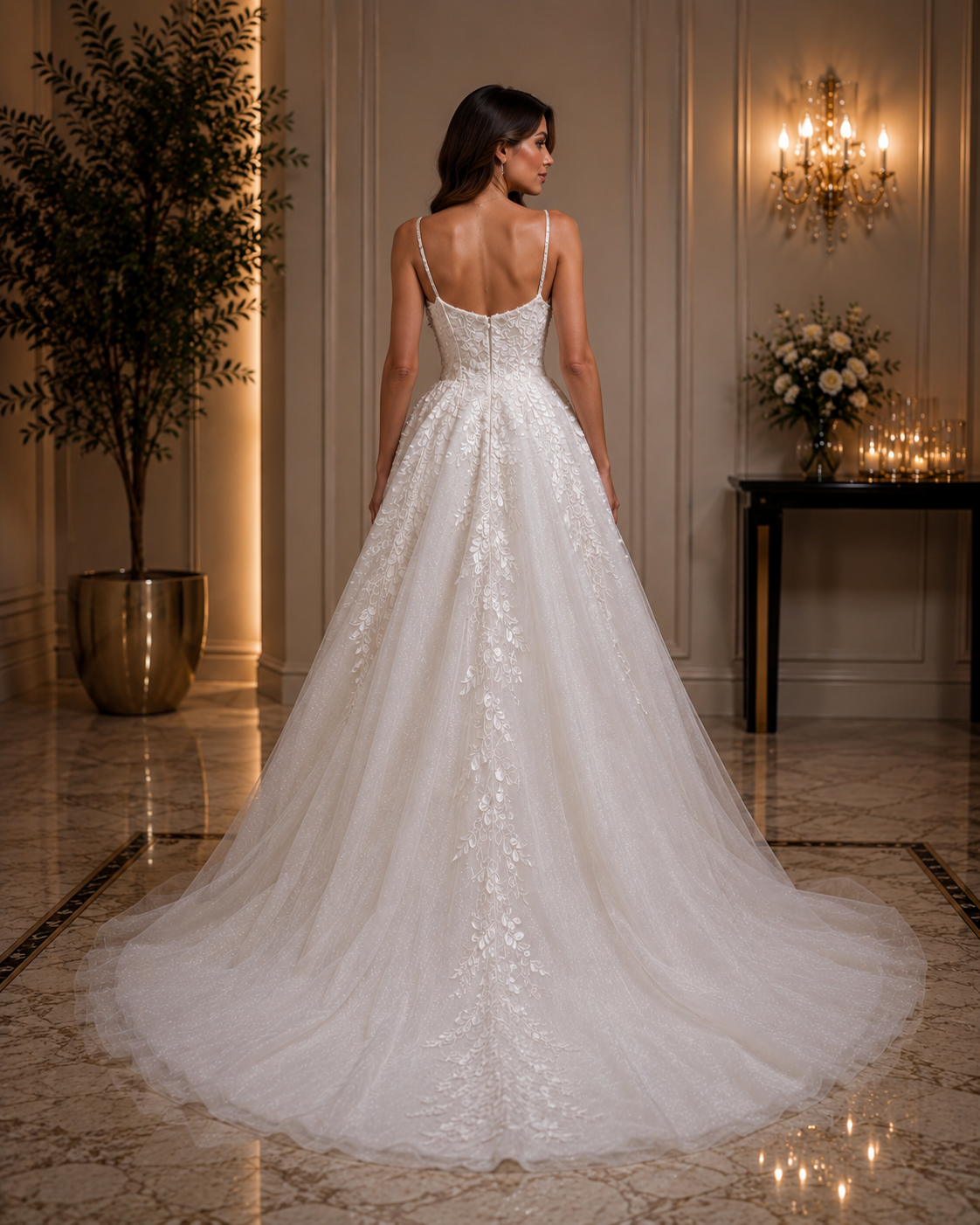 White Lace Tulle Bridal Gown - فستان زفاف أبيض من الدانتيل والتول