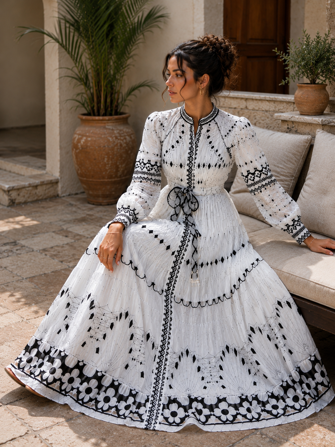 Elegant Black & White Bohemian Maxi Dress