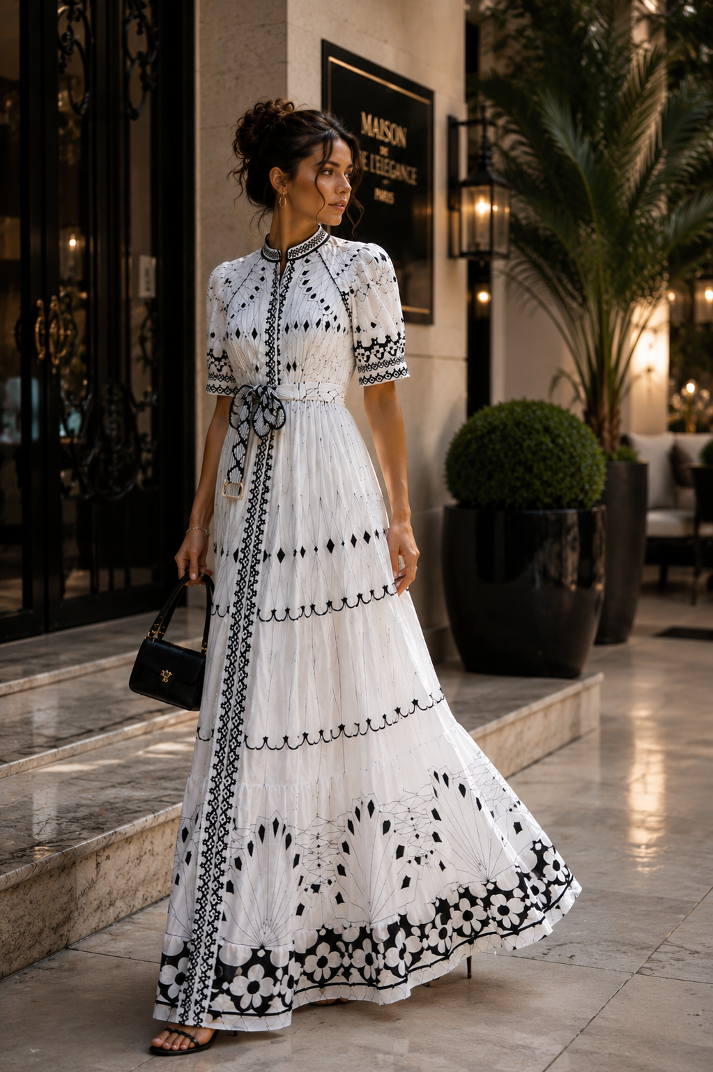 Elegant Black & White Bohemian Maxi Dress