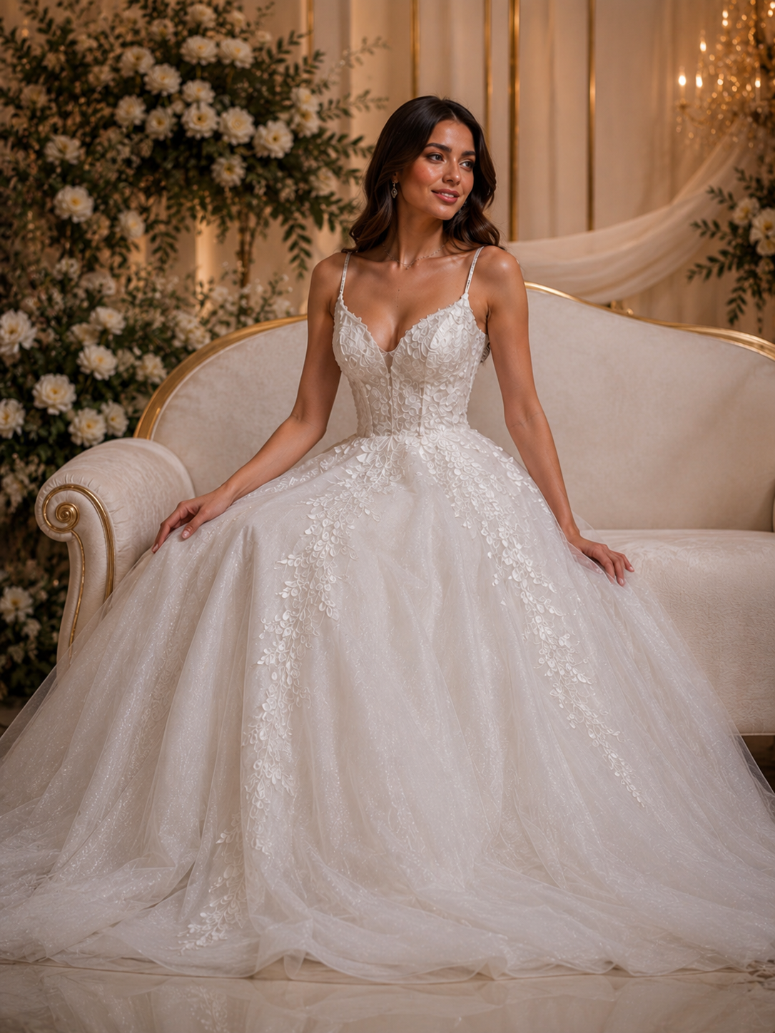White Lace Tulle Bridal Gown - فستان زفاف أبيض من الدانتيل والتول