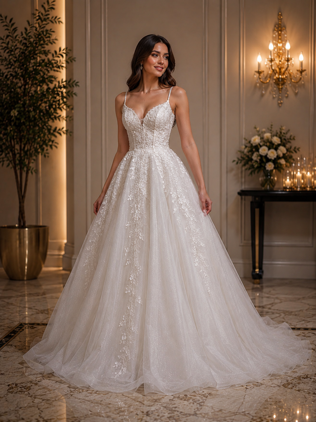 White Lace Tulle Bridal Gown - فستان زفاف أبيض من الدانتيل والتول