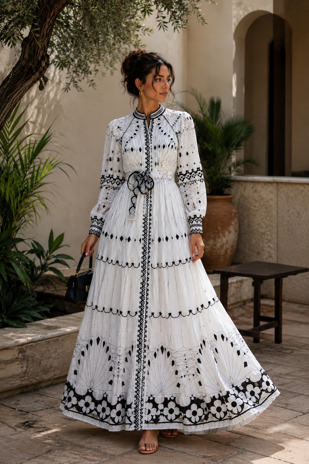 Elegant Black & White Bohemian Maxi Dress
