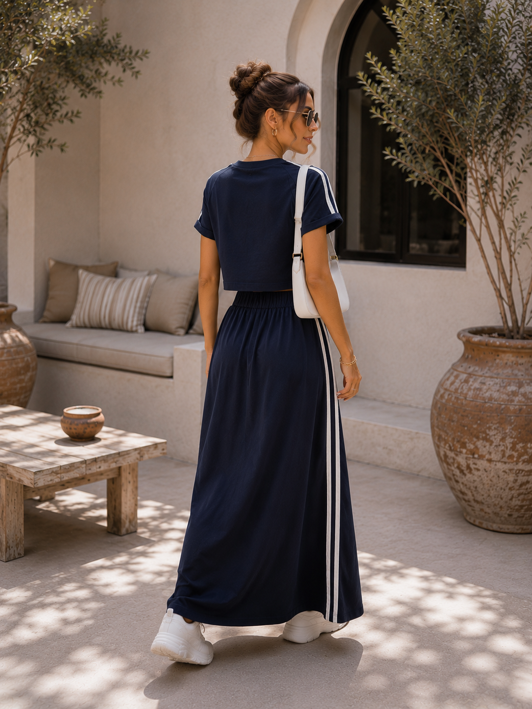 Women’s Casual Sporty Two-Piece Set with Side Stripe Maxi Skirt