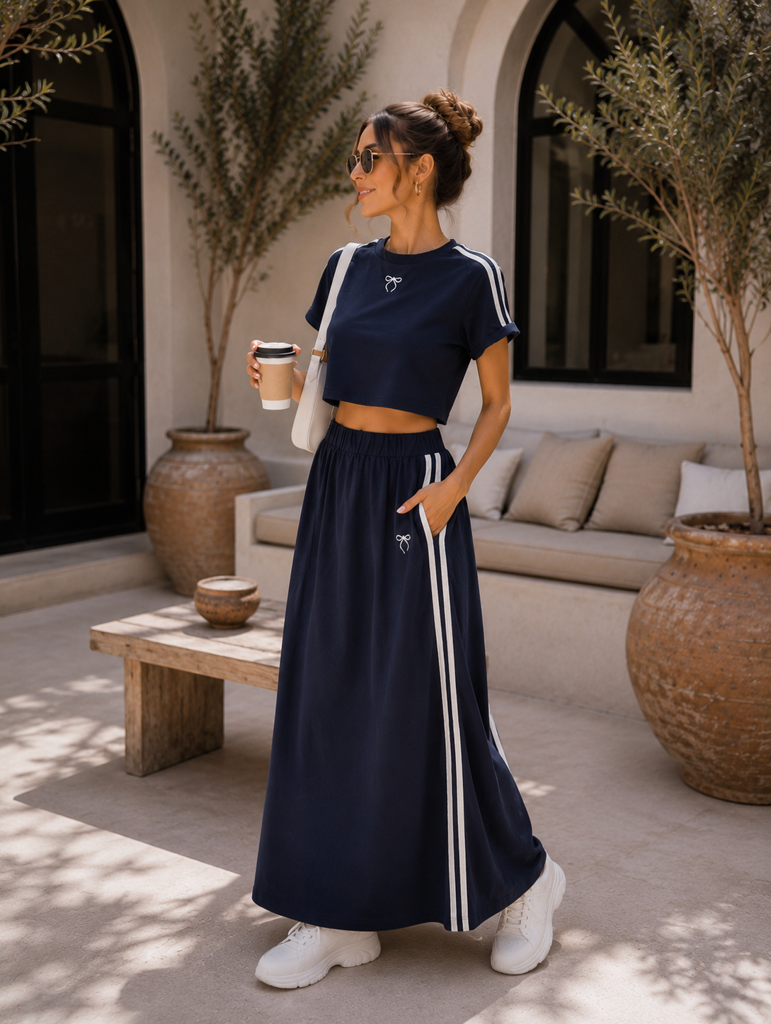 Women’s Casual Sporty Two-Piece Set with Side Stripe Maxi Skirt