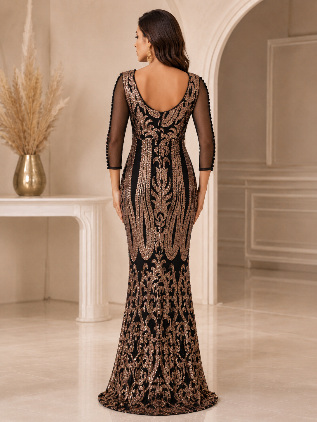 Black & Gold Sequin Evening Dress – XL - فستان سهرة أسود وذهبي بترتر – مقاس XL