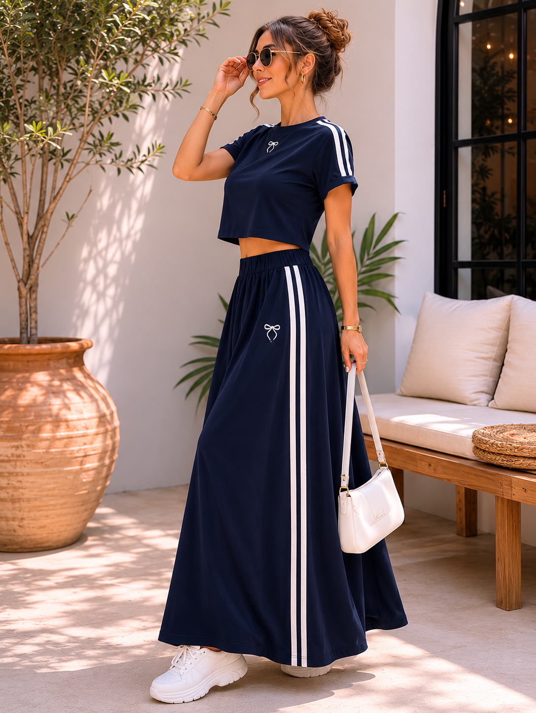 Women’s Casual Sporty Two-Piece Set with Side Stripe Maxi Skirt