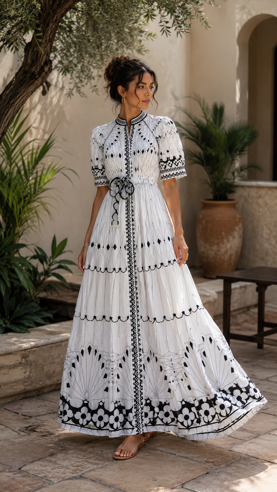 Elegant Black & White Bohemian Maxi Dress