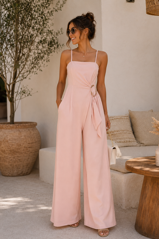 Women's Elegant Pink Wide Leg Jumpsuit with Side Belt Detail