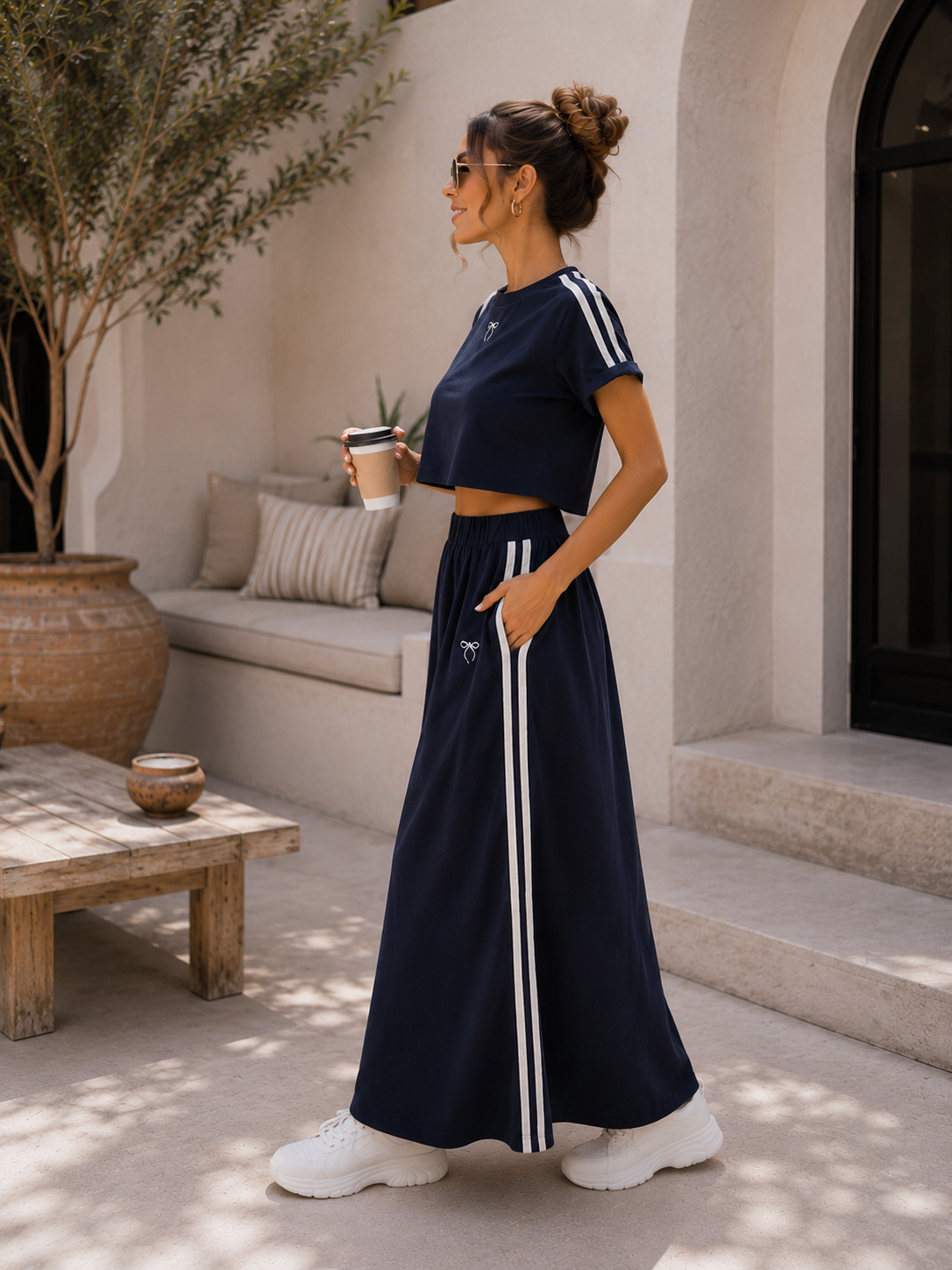 Women’s Casual Sporty Two-Piece Set with Side Stripe Maxi Skirt