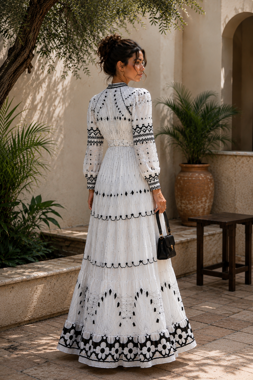 Elegant Black & White Bohemian Maxi Dress